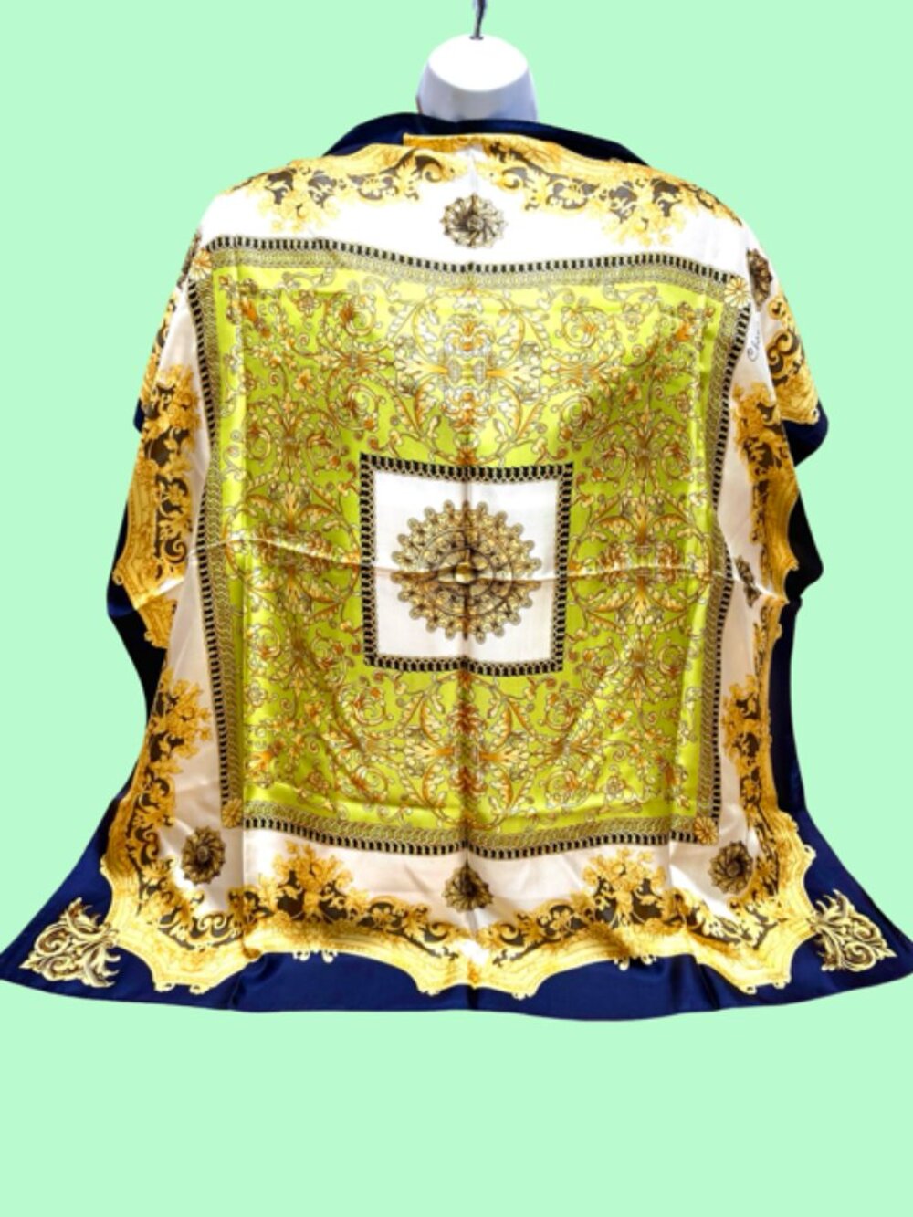 Soft Silk Scarf Chanson Similar to Hemes beige back green Gold Mint arts 35"(17 - Picture 4 of 10